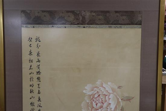 Anonymous (19th/20th century): A Chinese pigment on paper panel depicting peony blossom,